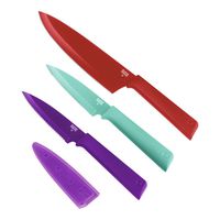 Kuhn Rikon COLORI+ Culinary Knife Set, Chef's 7", Paring 4", Serrated Paring 4" Red/Teal/Purple