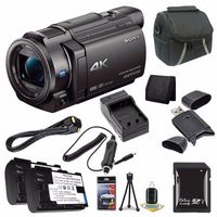 Sony FDR-AX33 4K Ultra HD Handycam Camcorder + NP-FV70 Battery + External Charger + 64GB SDXC Card + Case + Card Reader + Card Wallet Saver Bundle