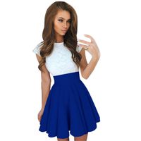 FUNIC Women Summer Mini Dress, Short Sleeve Skater Lace Dress Party Cocktail Dresses (Large, Blue)