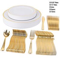 125 Disposable Plastic Plates for Parties Set | 25 10” Dinner Plates, 25 7” Salad/Dessert Plate, 25 Forks, 25 Knives, 25 Spoons | Excellent for Weddings, Bridal Showers, Birthday & More | Gold