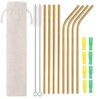 Beloca Metal Reusable Straws Set 8 Reusable Stainless Steel Drinking Straws with 2 Cleaning Brushes and 8 Silicone Tips for Tumblers Cold Beverage, Smoothie Milkshake Cocktail, Hot Drinks (Gold)