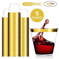 LUCKYBUXUS 100 Gold Plastic Cups 9 Oz Disposable Wedding Cups Clear Durable Plastic Cups Tumblers Gold Rimmed Cups  Elegant Party Cups with Gold Rim - BPA Free
