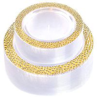 WDF 102pcs Gold Plastic Plates -Clear with Hammered Design Crystal Disposable Wedding Party Plastic Plates Include 51 Plastic Dinner Plates 10.25inch,51 Salad/Dessert Plates 7.5inch