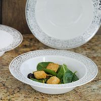 Tableclothsfactory 50 Pcs - White with Silver Trimmed 12oz Round Disposable Plastic Bowl - Lace Design
