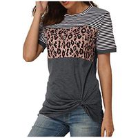 Meikosks Ladies Short Sleeve Colorblock T Shirt Round Neck Knotted Tops Leopard Blouses Gray