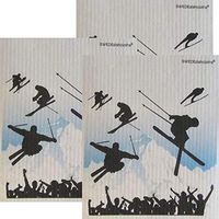 Ski Jumping Set of 3 Each on White Swedish Dishcloths | ECO Friendly Absorbent Cleaning Cloth | Reusable Cleaning Wipes