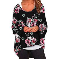 ANJUNIE Women Floral Print T-Shirt Long Batwing Sleeve Oversized Pullover Blouse Tops(Black,XXL)
