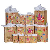 Besti 28 Piece Holiday Gift Bag Set - 4 Small, 4 Medium, 4 Large Brown Craft Bags for Gifts of Assorted Sizes - 4 Flat Wrapping Paper for Box Presents, 4 Tissue Sheets - Red Ribbons, Handles, Cards