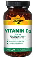 Country Life - Vitamin D3, Non-Fish 2500 IU - 200 Softgels