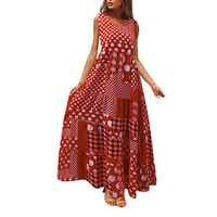 Women's Sleeveless Bohemian Print Plaid Midi Casual Flared Tank Beach Party Dress (XL, Red)