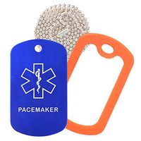 Pacemaker Medical Alert ID Necklace with Blue Tag, Orange Silencer, and 30'' USA Chain - 154 Color Choices