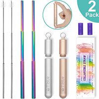 Collapsible Reusable Straws 2 PCS Rainbow 9.25'' Telescopic Stainless Steel Metal Straw Portable Drinking Straw to Drink Water Smoothie, Best Valentine's Mother’s Day Gifts - Rose Gold/Silver Case
