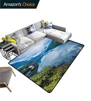 YucouHome Nature Heavy Duty Area Rug Hearts, Landscape Photography with Wooden Cabins Clear River and Mountains Norway Europe, Fashionable High Class Living Dinning Room(3'x 8') Blue Green