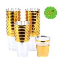 100 Gold Plastic Cups 10 Oz Clear Plastic Cups Tumblers Gold Rimmed Cups Fancy Disposable Wedding Cups Elegant Party Cups with Gold Rim