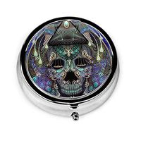Jewelry Peacock Skull Pill Box Round Metal Pill Case Three Compartment Pocket Tablet Medicine Storage for Purse