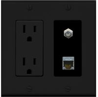 RiteAV - 15 Amp Power Outlet and 1 Port Coax Cable TV- F-Type and 1 Port Shielded Cat6 Ethernet Decorative Type Wall Plate - Black
