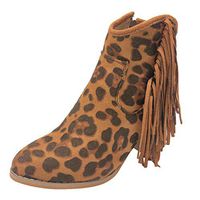 ❤Kauneus❤ Womens Fashion Fringe Ankle Booties Leopard Suede Mid Heel Side Zipper Roman Short Boot Fashion Boot Khaki
