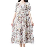 Vintage Casual Cute Women Comfy Loose Short Sleeve Cotton Linen Floral Dress Khaki