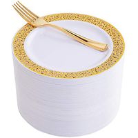 WDF 100pcs Gold Dessert Plates 7.5" with 100 Pieces Disposable Forks 7.4", Lace Design Wedding Party Plastic Plates, Fancy Salad Plates and Appetizer Plates for all Holidays & Occasions (Gold)