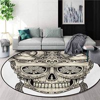 RUGSMAT Day of The Dead Small Round Rug Carpet,Spanish Sugar Skull with Roses Dragonfly Eyes Feather and Earrings Artwork Door Mat Indoors Bathroom Mats Non Slip,Diameter-35 Inch Grey Ivory