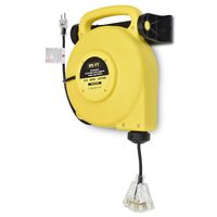 25 Ft Retractable Extension Cord Reel - 2 In 1 Mountable & Portable Power Cord Reel with 3 Electrical Outlets - 14/3 SJTW Heavy Duty Yellow Case and Black Cable With Lighted Power Block