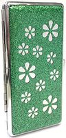1 Eclipse Flower Design Green Glitter Cigarette Case with Mirror, Fits 120's Cigarettes, Can Hold 14 Cigarettes