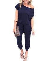 PRETTYGARDEN Women Casual Short Sleeve One Shoulder Solid Waisted Long Jumpsuit Romper Navy
