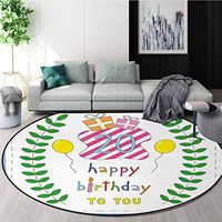 20Th Birthday Modern Machine Washable Round Bath Mat,Sweet Twenty Surprise Party Theme With Balloons Branches And Boxes Non-Slip Living Room Soft Floor Mat Diameter-55 Inch,Green Blue And Pink