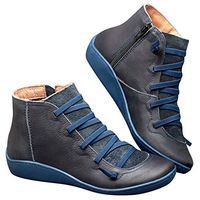 Women's Ankle Boots Ladies Leather Retro Lace up Side Zip Vintage Booties Flat Heel Arch Support Shoes (US 10.5, Blue)