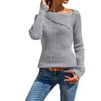 Theoylos Women's Winter Sweater Irregular Lapel Collar Knit Pullover Ladies Slim Fit Long Sleeve Solid Color Sweaters Gray