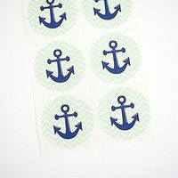 Green Anchor Stickers with Chevron Zigzag Stripes by Once Upon Supplies, Round Labels for Sealing Envelopes and Nautical Themed Party Favors, 1.5 Inches, 60 Stickers