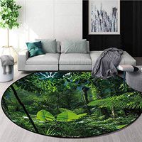 Plant Anti-Skid Area Rug,Green Jungle Untouched Nature Environmental Concerns Flora Fauna Jungle Rainforest Green Soft Area Rugs,Round-71 Inch Forest Green