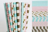 Gold, Pink and Blue Paper Straw Mix - Striped, Quatrefoil, Damask, Polka Dot, Diamond (75)