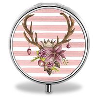 Holiday Antlers Pink Pill Case, Round Stainless Drug Organizer Container Medicine Cover for Pocket Daily&Weekly
