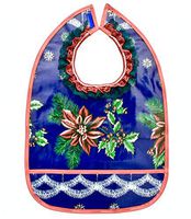 Christmas Dining Oilcloth Bib,Blue,Poinsettias,Lined Pocket,Easy Close,Adult