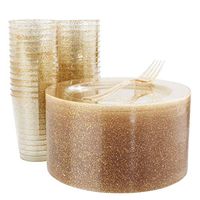 50 PCS Gold Glitter Salad Plates with 50 PCS Plastic Forks and 50 PCS Gold Disposable Cups 9oz, Shiny Dessert Plates 7.5 inch for Party (WELLIFE)