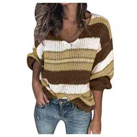 Women's Casual Sweater Long Sleeve Stripe Knitwear V Neck Knitted Sweatshirt Slim Fit Tops Blouse