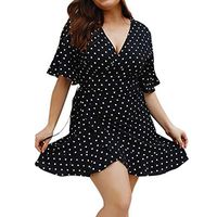 JQjian Womens Fashion Short Sleeve V-Neck Polka Dot Wrap Loose Mini Dress Summer Holiday Dress (XL, Black)