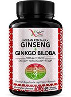 Korean Red Panax Ginseng 1200mg + Ginkgo Biloba - Extra Strength Root Extract Powder Supplement w/High Ginsenosides Vegan Capsules for Energy, Performance & Focus Pills for Men & Women
