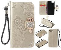 Cfrau Diamond Kickstand Case with Black Stylus for iPhone 7/8,Luxury Embossed Crystal 3D Owl Flower Bling Glitter Wallet PU Leather Shockproof Soft TPU Wrist String Case - Gold