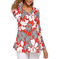HNTDG Women Casual V-Neck Floral Print Button Plus Size Long Sleeve Swing Tunic Tops Shirts Red