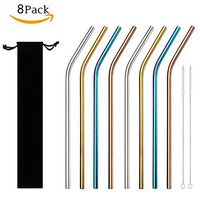 PerHomeAid Stainless Steel Straws,Metal Straws,8 Pack Metal Drinking Reusable Straws for Yeti, Signature, Starbucks Tumblers,10.5" Bent Straws and 2 Cleaning Brushes with Black Storage Bag