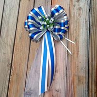 Silver and Royal Blue Striped Wedding Pull Bows with Tulle Tails and Rosebuds - 8" Wide, Set of 6