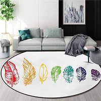 Nature Round Rugs for Bedroom,Collection of Ink Drawing Style with Rainbow Feathers Natural Artwork Print Circle Rugs for Living Room,Round-63 Inch Red Green Purple