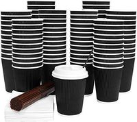 100 Pack Disposable Coffee Cups with Lids 12 Oz Ripple Wall Insulated Corrugated Hot Paper Cup with Stirring Straws and Napkins by Galashield