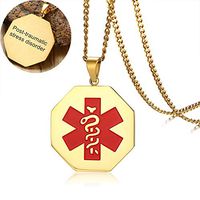 LiFashion LF Stainless Steel IP Gold Plated Personalized ICE PTSD Medical Alert Necklace Octagon Medical ID Tag Pendant Awareness Sos Emergency Allergy Jewelry Men Women