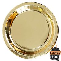 Pack of 100 Gold Disposable Shiny Foil Paper Plates, Round 9", Party Supplies for Appetizer, Lunch, Dinner, or Dessert