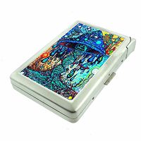 Trippy Mushroom Life Em1 Hip Silver Cigarette Case With Built In Lighter 4.75" X 2.75" Id Holder Metal Wallet RFID Protection