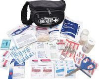 Hikers First Aid Kit Black nylon fanny pack with adjustable waist band Three co by Elite First Aid