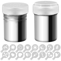 2 Pcs Stainless Steel Dredges and Powdered Shaker with 16 pcs Printing Molds Stencils, SENHAI Salt Pepper Coffee Cocoa Cinnamon Power Can with Hole or Fine-Mesh Lid for Kitchen Baking Cooking